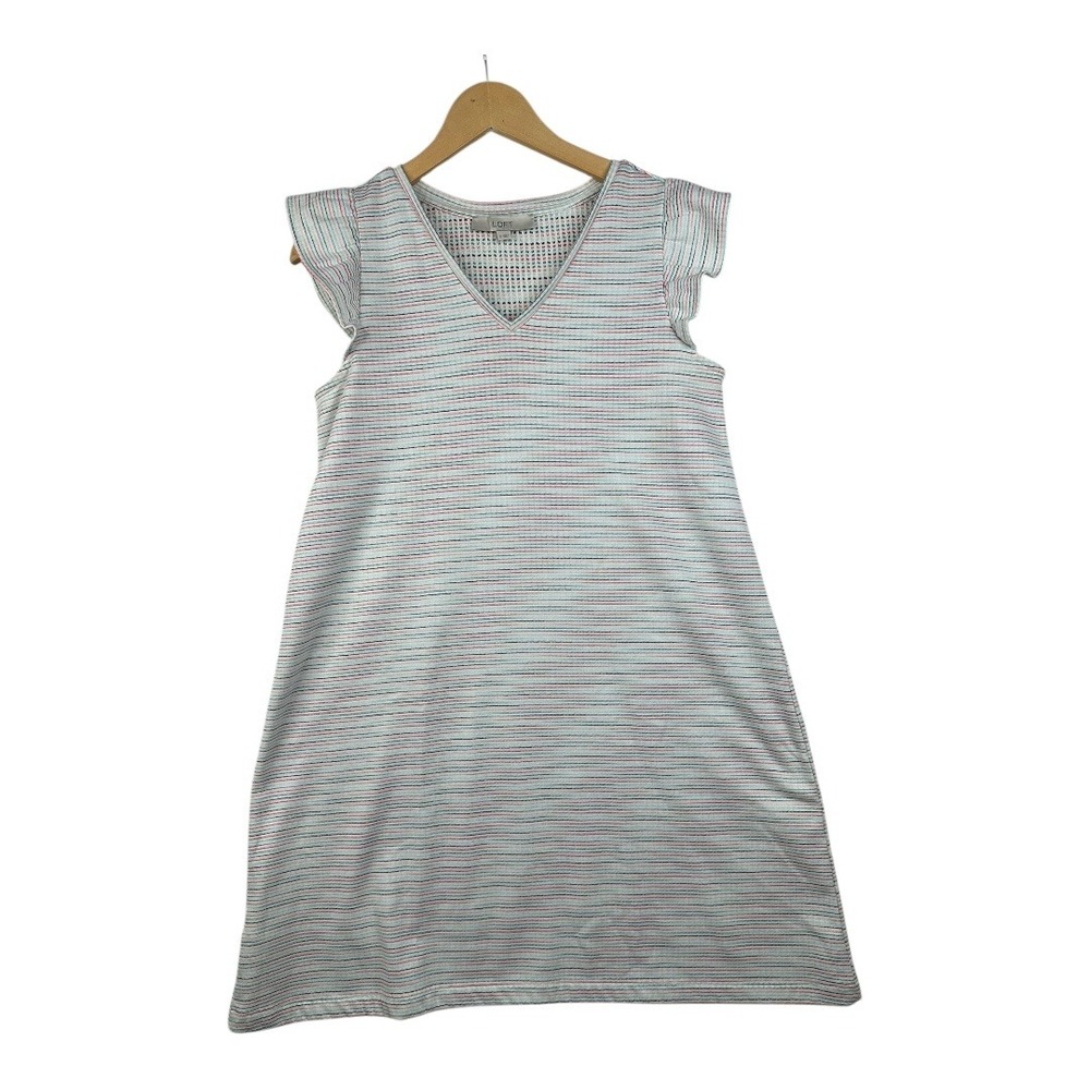 Loft Rainbow Striped Flutter Sleeve Mini Dress size Small White/Multicolor